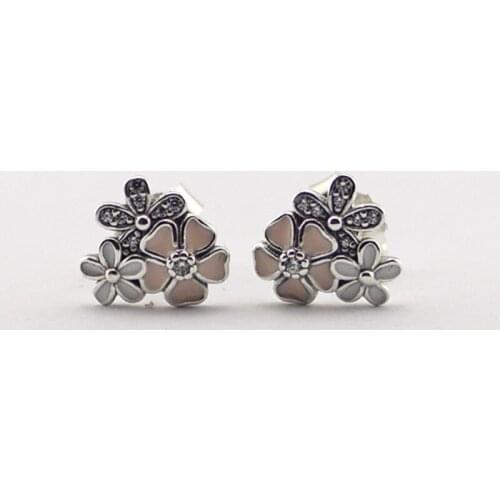 Lignt Pink & White Enamel Flowers Stud Earrings Clear CZ Sterling Silver 925 Jewelry Earrings for Women Spring Blooms Design
