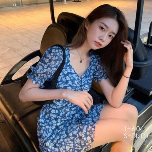 Female Student Dress Short-Sleeved Square Neck A-Line Skirt Floral Skirt Pleated Skirt Spring and Summer d88