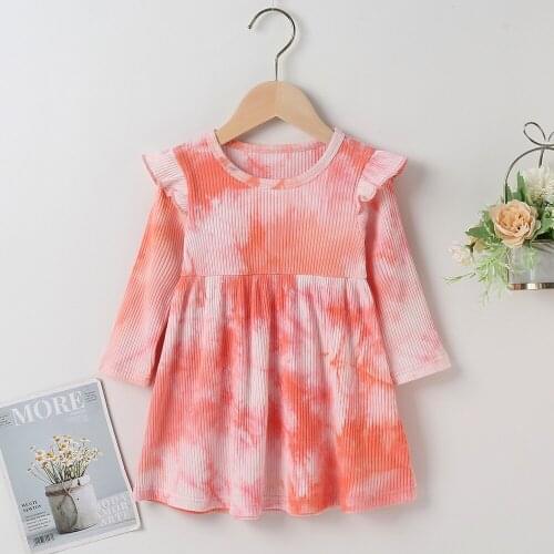 Winter 2021 New Arrivals Girls Dress Long Sleeve O Neck Ruffles Pink Tie-dye Bodycon Cute Streetwear Dresses Vestidos 18M-6T