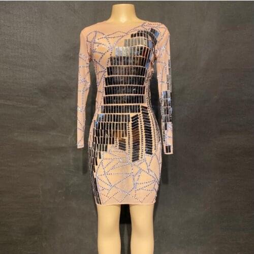 Sparkly Silver Mirrors Dress See Through Perspective One-piece Dress Party Birthday Celebrate Costume Singer Dance Costume
