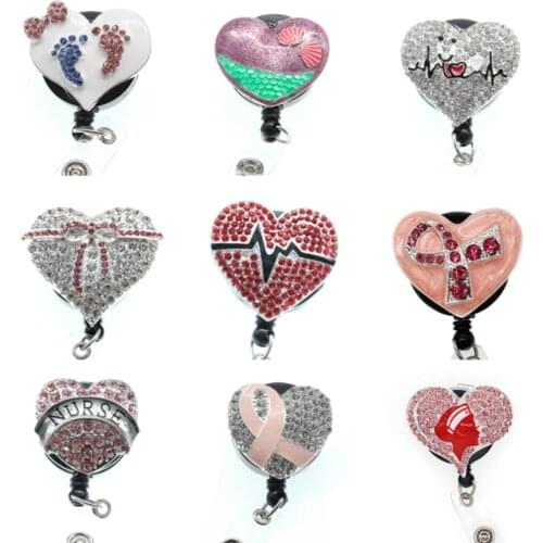 Hot sale Free shipping heart shape rhinestone enamel nurse Retractable ID Badge Holder reel