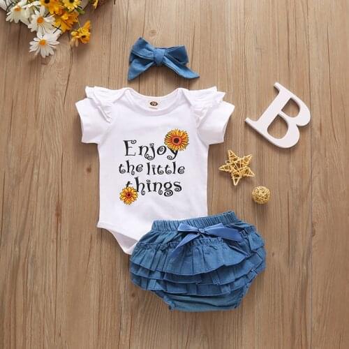 New Born Baby Summer 3 Pcs Suits O-Neck Short Sleeve Letter Print Top Ruffle Short Pants And Hairband Clothes Set