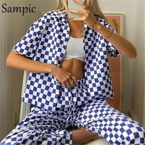 Sampic Plaid Women Casual Tracksuit Loose Pants Set Short Sleeve Shirt Tops And Long High Waisted Pants Two Piece Set Loungewear