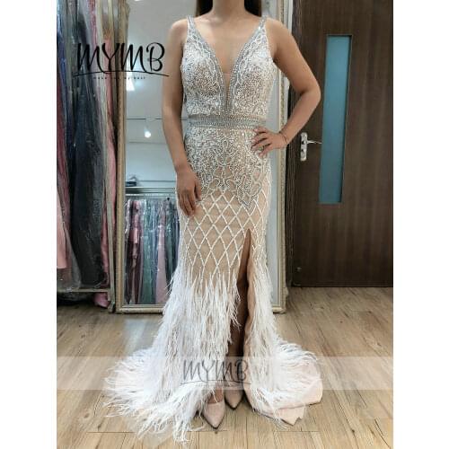 MYMB Brand 2021 Haute Couture Beading Feather Evening Dress With Split Skirt MY31122