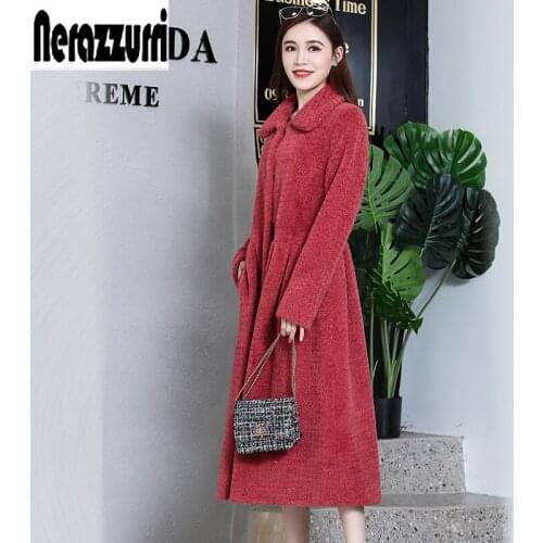 Nerazzurri Long real fur coat women 2020 Winter pleated furry sheared sheep fur overcoat Plus size full skirt outerwear 5xl 6xl