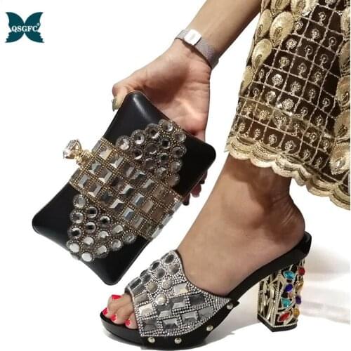 New Arrival Fashion Italian design Hot African Big Wedding With High Heel Women shoes and Bag Set in Black Color for Party