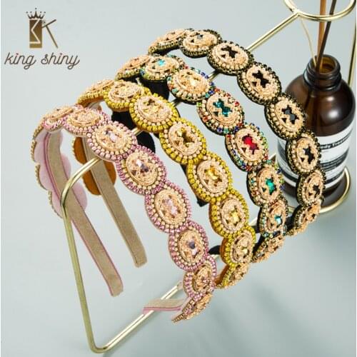 King Shiny Elegant Korean Geometric Round Crystal Headband Luxury Sparkly Rhinestone Imitation Pearl Hairband Girls Party Bezel