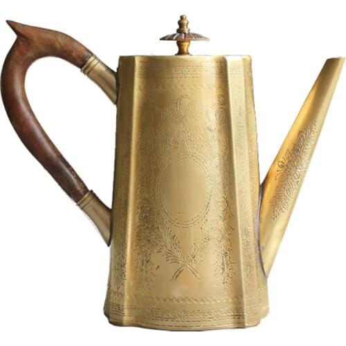 Handmade Vintage Brass Gold Carved Solid Wood Handle Tea Kettle Wine Pot Decoration Ornaments water jug tea pitcher water