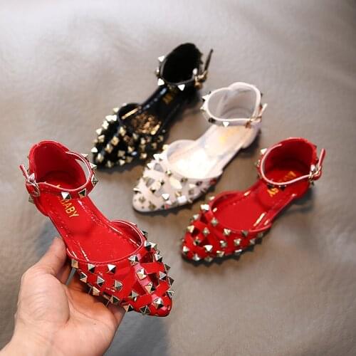 Girls Shoes Pointed Toe Ankle Strap Shoes Kids Ankle Strap Shoes For Big Girl Leather Rivets Sandals White Black sandalias 2-14y