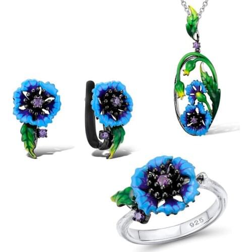 Vintage Female Enamel Flower Jewelry Set Charm Silver Color Stud Earring For Women Cute Zircon Stone Wedding Ring Chain Necklace