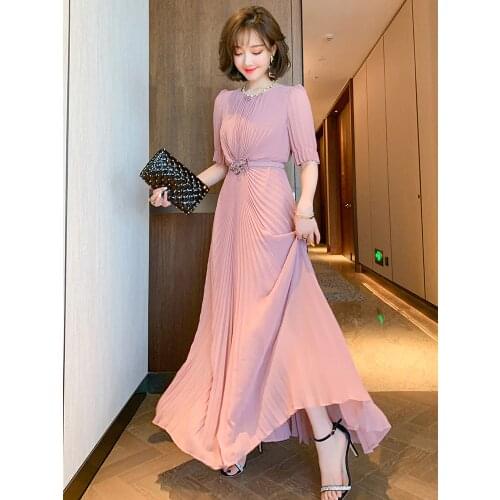 Top Quality Simple pleated three-dimensional flower elegant long dress summer new