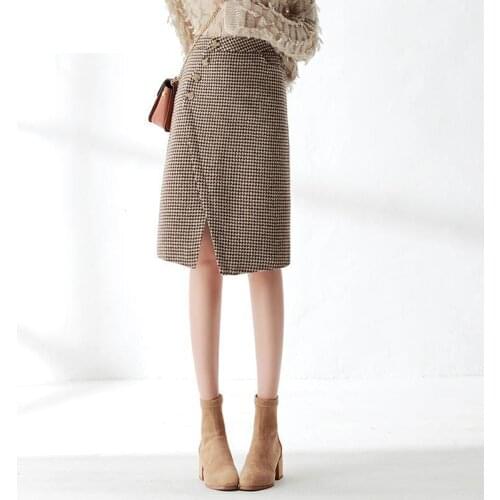 Woolen Houndstooth Skirt for Women Autumn Winter 2020 New A- line High Waist Slimming Mid-Length Slit Sheath Skirt Mujer Faldas