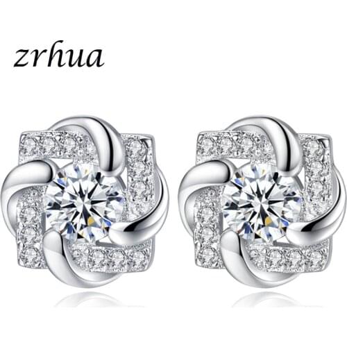 ZRHUA Genuine Cute Flower AAA CZ 925 Sterling Silver Stud Earrings For Women Girls Jewelry Best Engagement Brincos Bijoux