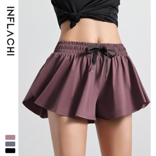 Women 2 In 1 Running Shorts Butt Scrunch Skirted Yoga Shorts Elastic Quick Dry Running Gym Fitness Shorts Sportswear