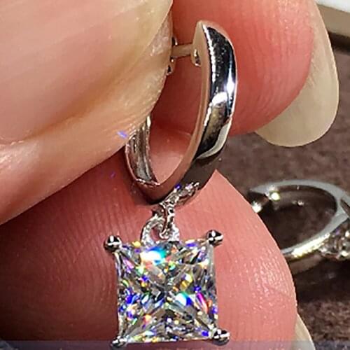 14K White Gold Women Drop Clip Hoop Earrings Moissanite Diamonds 1 2 Carat Princess Square Wedding Party Engagement Anniversary