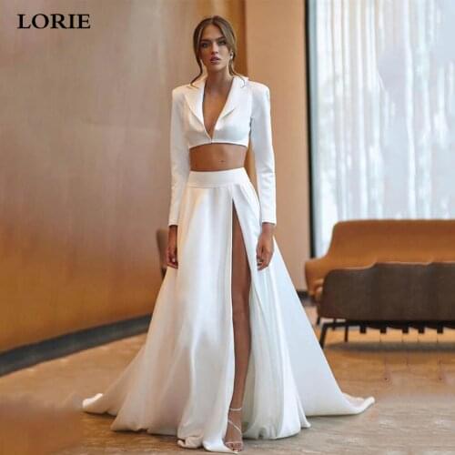 LORIE Satin Wedding Dress Long Sleeve 2 Pieces Sexy V Neck Flowers Bride Dress Jacket Style Side Split Vestido de novia 2019