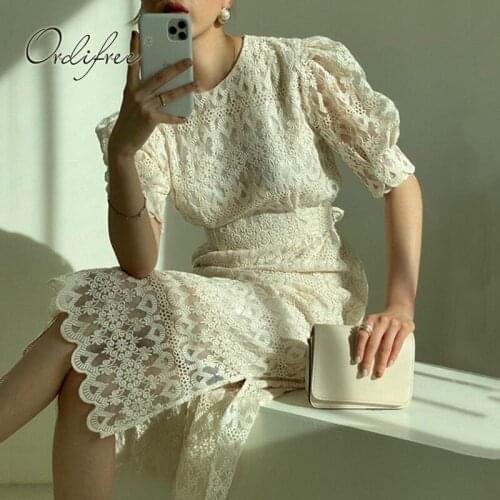 Ordifree 2021 Summer Elegant Women Party Dress Puff Sleeve Vintage Sexy Bodycon Slit Lace Midi Dress