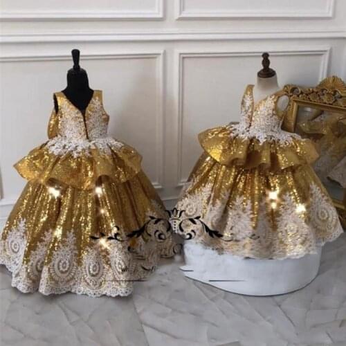 Gold Sequined Ball Gown Girls Pageant Dresses V Neck Lace Ruffles Bow Toddlers Flower Girl Dress Cheap First Communion Gowns