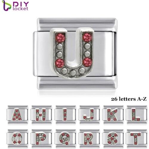 10pcs Crystal Red Rhinestones Letters Stainless Steel Italian Charm Bracelet Brands LSIT114