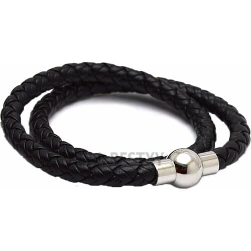 5pcs/lot Punk Men Jewelry black Braided Leather Bracelet Stainless Steel Magnetic Clasp Fashion Women Bangles two layers bangle