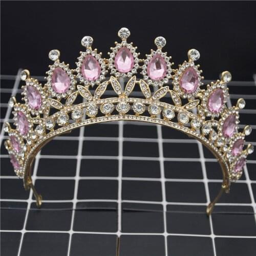 Baroque Gold Green Pink Crystal Bride Crown Queen Headdress Bridal Tiaras and Crowns Wedding Hair Jewelry Prom Head Accessories
