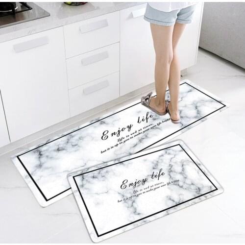 Black White Marble Print PVC Kitchen Mat Waterproof Oilproof Kitchen Carpets Area Rug Anti-Slip Hallway Floor Mat Door Mat Tapis