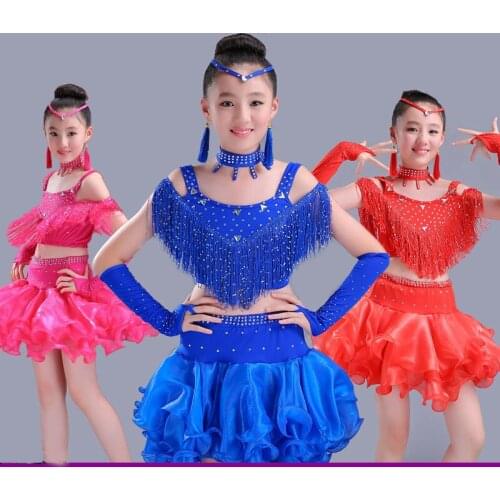Childrens Latin dance costumes girls new style sequins tassels Latin dance skirt performance show competition clothing