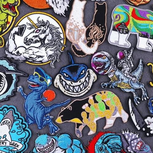 Hippie Animals Shark Unicorn Patches On Clothes Punk Jacket Jurassic Park Stripes Iron On Patch For Clothing Embroidery Stickers