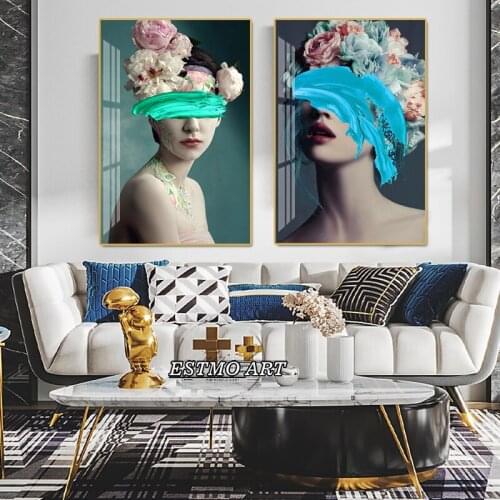 Canvas Decorativas Abstract Painting for Home Nordic Blue Oil Painting Woman Posters on the Wall Modern Art Painting Living Room