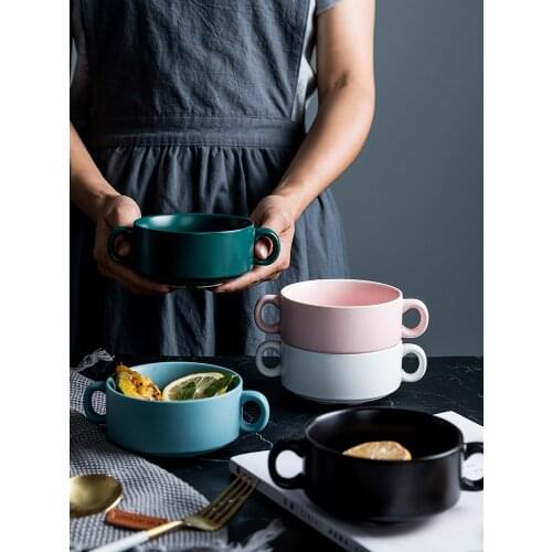 European Style Ceramic Binaural Round Baking Bowl Steamed Egg Dessert Cake Snack Bowl Oven Special Soup Breakfast Bowl Tableware