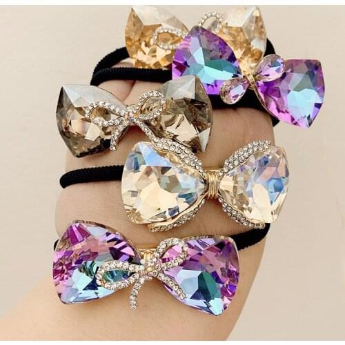 Korean Bow Elastic Hair Band Rubber Band Shiny Cute Crystal Rhinestone Bow-knot Hair Bow Tie For Girls Hair Jewelry Wholesale