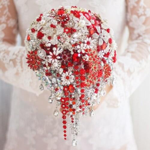 Red Silver brooch bouquet high-end custom wedding bridal bouquets crystal diamond teardrop style Bride 's Bouquet decoration