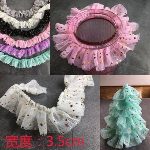 2Yards High Quality Ruffle Ribbon Laces Fabric with Stars Sequins Lace Trim Collar Pleated Mesh Edge Doll Dress Sewing dentelle