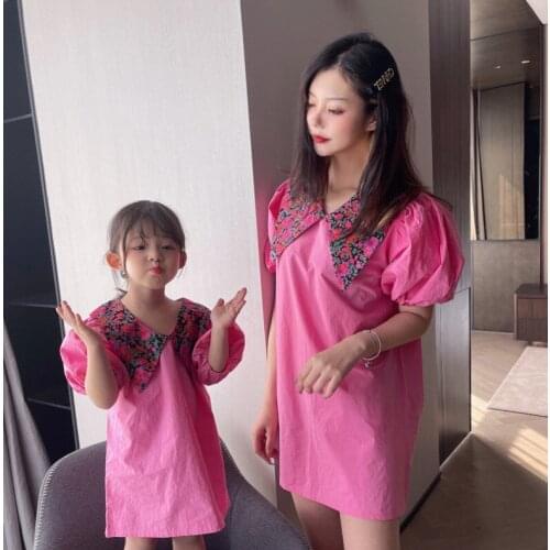 Mother Daughter Summer Dresses Mom And Daughter Cute Flower Puff Sleeve Dress Kid Girls Mother And Me Family Matching Outfits