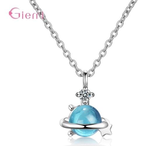 Fashion 925 Sterling Silver Cubic Zircon Blue Crystal Universe Pendant Necklace Clavicle Chain Jewelry For Women Girl
