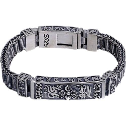 BOCAI Real S925 Silver Jewelry Six-character Mantra of Buddha Hand-woven Vajra Bracelet for Man Retro Good Luck Man Bracelet
