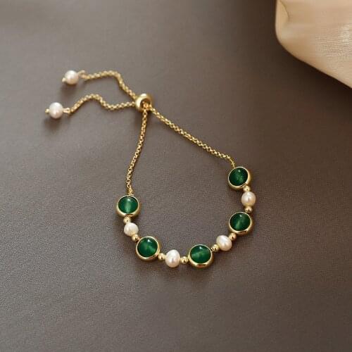 Natural Freshwater Pearls Green Crystal Beaded Bracelets Women Trendy Gold Plated Bracelet Fashion Jewelry Accessories YBR300