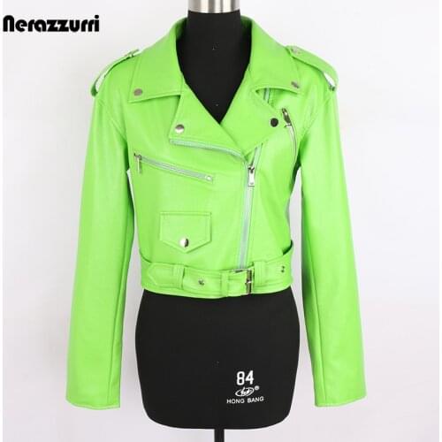 Nerazzurri Autumn Short Green Pink Stylish Faux Leather Biker Jacket Women Zipper Long Sleeve Plus Size Fashion 2021 5xl 6xl 7xl