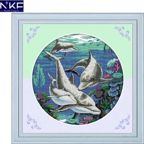 NKF Classical Dolphin Pattern DIY Kits Handmade Craft Needlework Cross Stitch Set Embroidery Animal Design Stitching Home Decor