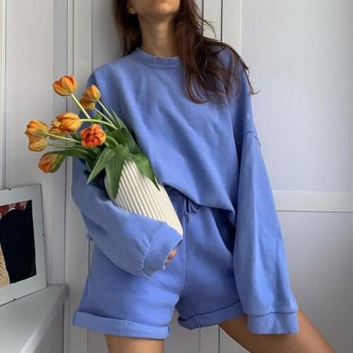 Solid Color Women Suit Drawstring O Neck Long Sleeve Top Shorts Suit for Daily Wear