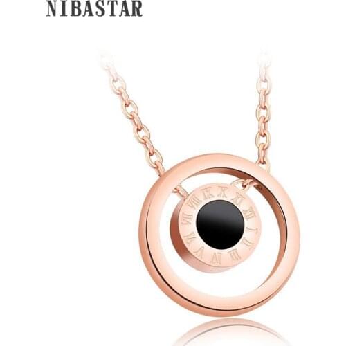 NIBASTAR Double Round Letter Pendant Necklace For Women Rose Gold Color Stainle ss Steel Fashion Chain Lady Jewelry Gift