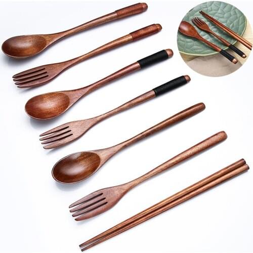 Natural Wooden Spoon & Fork Dinner Kit Rice Soups Utensil Cereal Handmade Home Tableware Dinnerware Cutlery For Kitchen