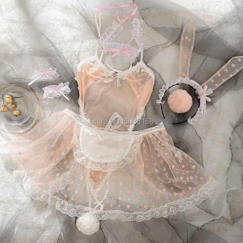 Sexy Cute Girlss Pink Bunny Maid Transparent Exotic Set Kawaii Cosplay Rabbit Ears Tail Necklace Apron Lingerie
