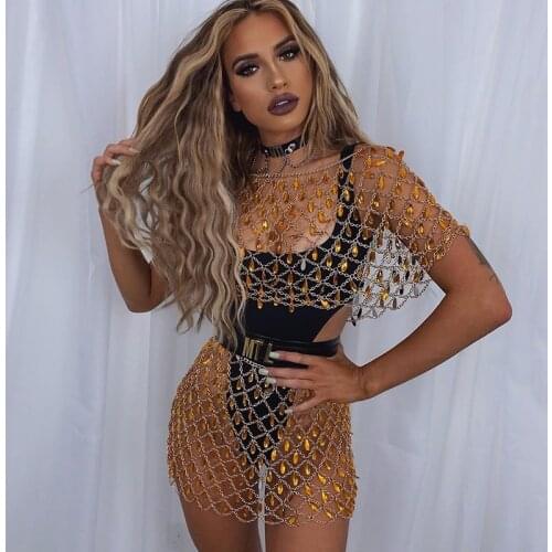 See Through Holographic Gems Two 2 Piece Set Hollow Out Metal Link Chain Crop Top Sexy Patchwork Skirt Night Club Two Piece Sets