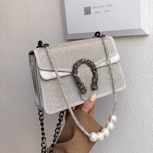 Luxury Shiny Diamons Shoulder/Crossbody Bags Women White/Black Designer Brand Lady Handbags Rhinestone Pearl Chain Bags 2 Straps