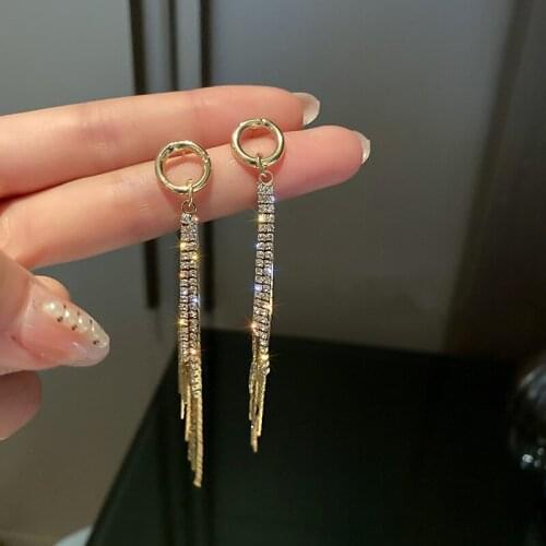 Long Tassel Shining Rhinestone Dangle Earrings for Women Korean Fashion Temperament Jewelry Accessories Simple Geometric Earring