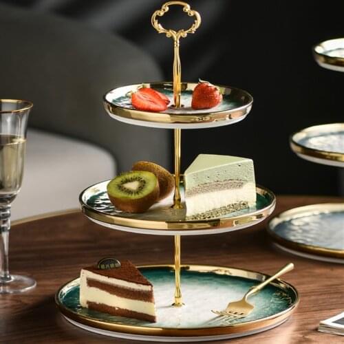 Household Light Luxury Gold Outline Ceramics Three-Layer Fruit Plate Afternoon Tea Dessert Cake Stand