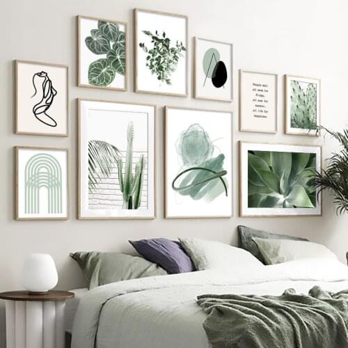 Fresh Green Leaf Abstract Girl Curve Door Nordic Posters And Prints Wall Art Canvas Painting Wall Pictures For Living Room Decor