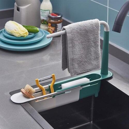 Telescopic Sink Storage Rack Sponge Soap Holder Sink Organizer Kitchen Drainer Rack Storage Basket Faucet Holder Storage Shelf