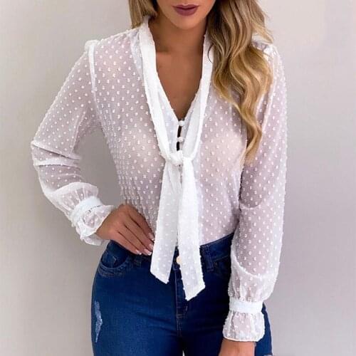 Womens Polka Dot Tops And Blouses Fashion Button Tie Long Sleeve Shirt Sexy See Through Top Women Sexy Shirt Transparent Top
